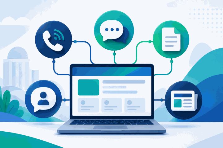 Ilustração de um portal digital conectado a telefone, chat, documento, atendimento ao cidadão e imprensa