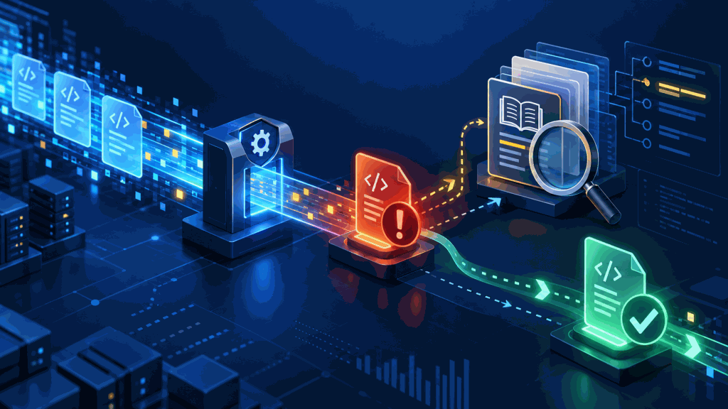 Ilustração 3D azul de evento XML em validação com alerta, busca de regra e caminho de correção