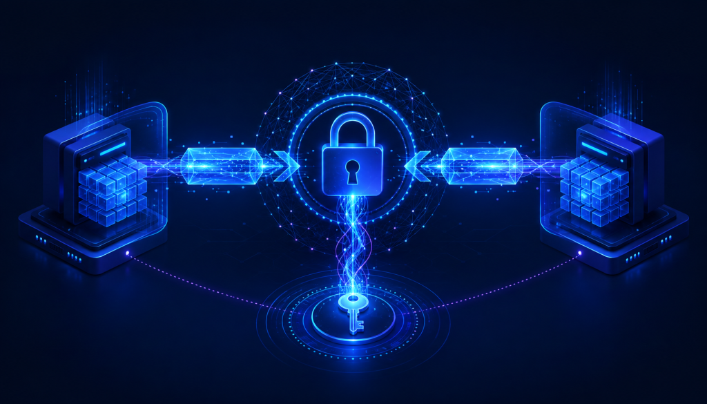 Two secure endpoints exchanging a message through a glowing cryptographic lock and shared key