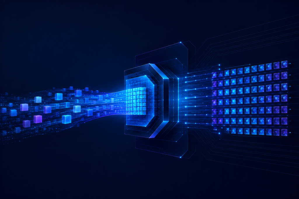 Abstract illustration of data flowing through a cryptographic hashing core into a hexadecimal digest