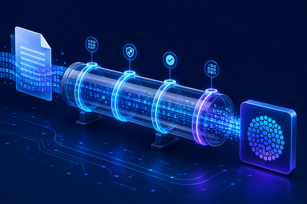 Digital document flowing through a secure processing pipeline into a compact hash fingerprint