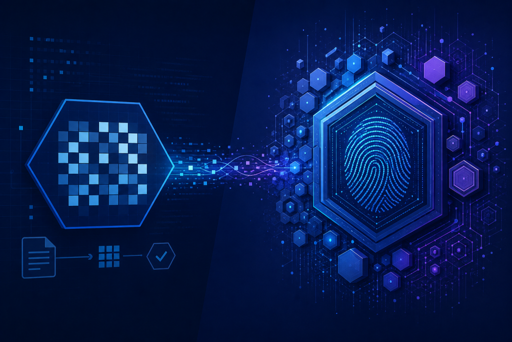 Abstract comparison between a compact checksum pattern and a layered cryptographic fingerprint
