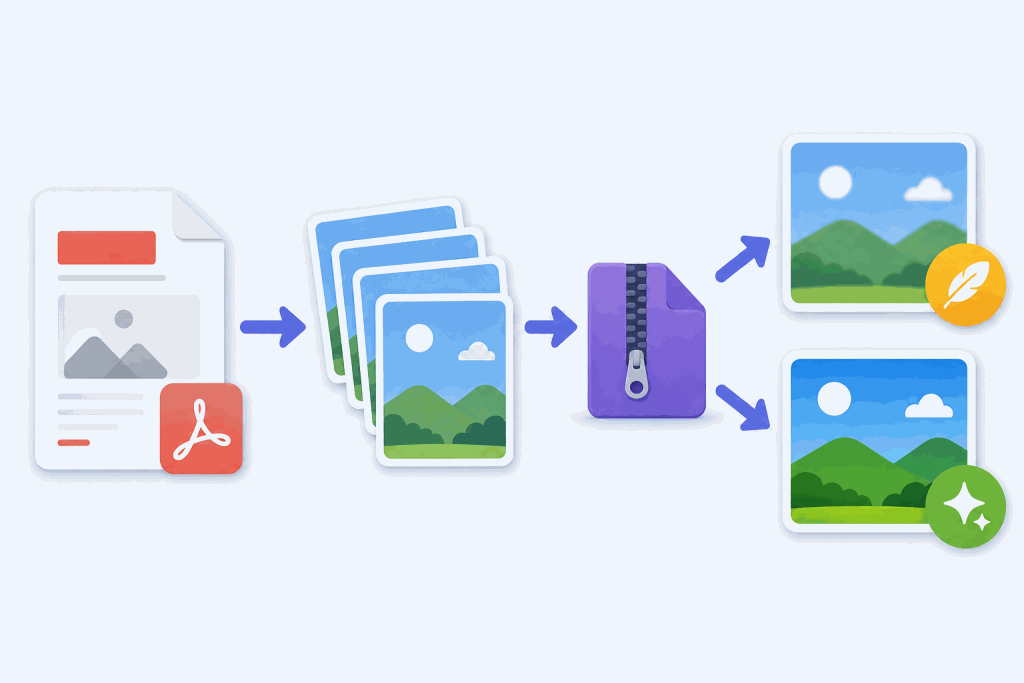 Ilustração de um PDF se transformando em várias imagens e em um arquivo ZIP